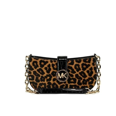 Michael Kors Carmen Small Black Leather Leopard Haircalf Pouchette Handbag Purse